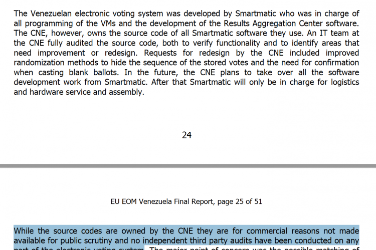 EU on Smartmatic: no independent third party audits have been conducted on any part of the electronic voting system.