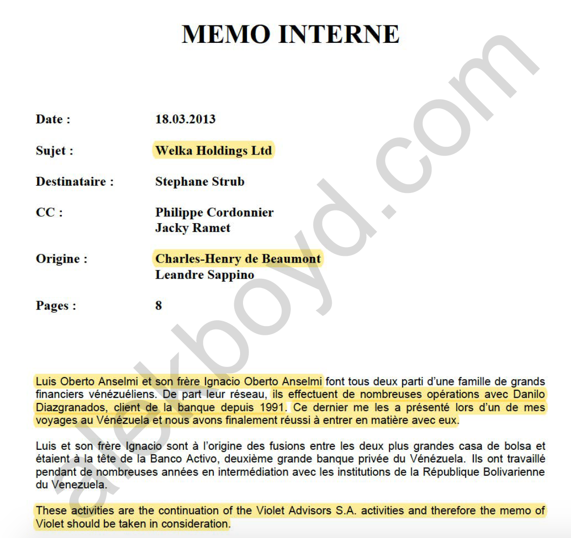 Charles Henry de Beaumont, money laundering memo to Compagnie Bancaire Helvetique 