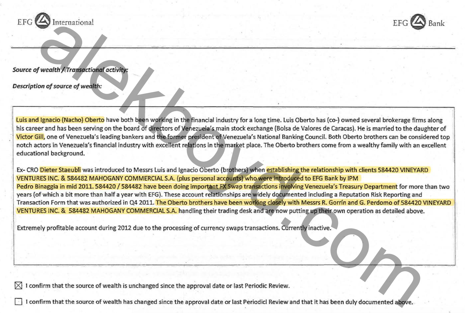 Justificación de EFG Bank sobre actividades económicas de Luis e Ignacio Oberto Anselmi