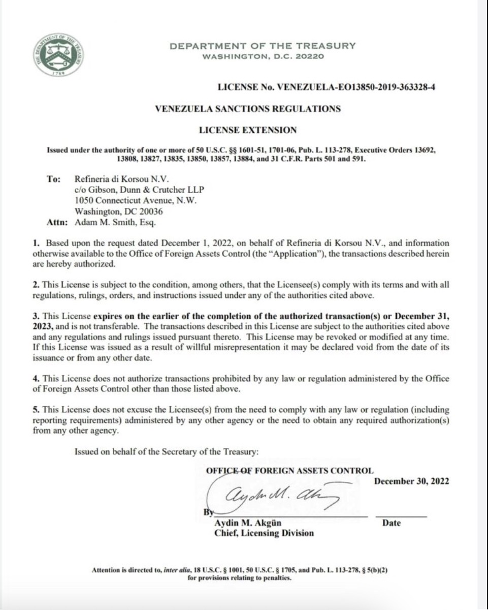 Refineria di Korsou Treasury License