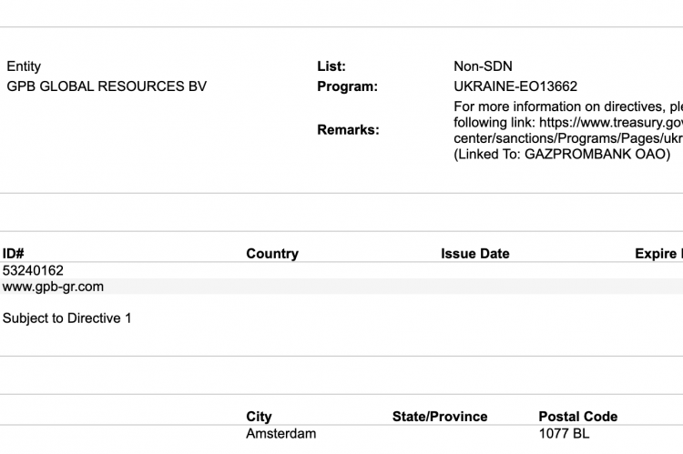 GPB Global Resources BV Treasury sanction list.