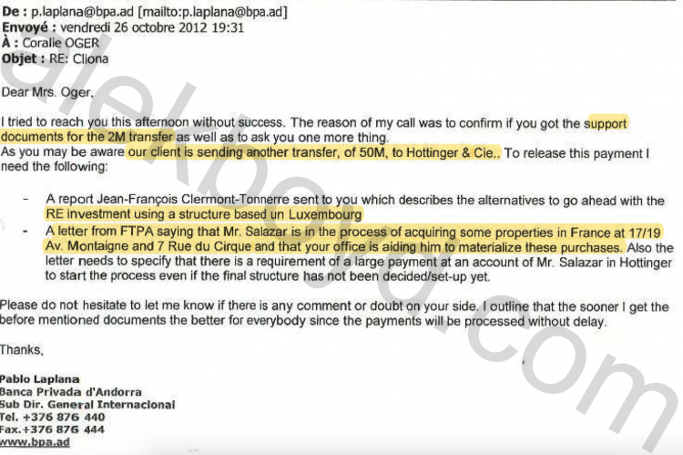 Laundering Diego Salazar's money by FTPA, Clermont Tonerre and Hottinger