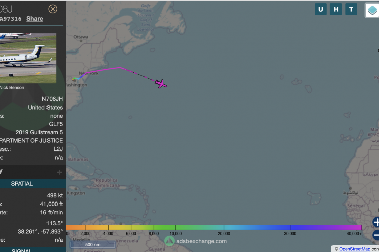 Department of Justice's N708JH appears to be en route to Cape Verde to pick Alex Saab.
