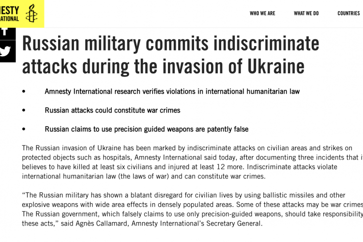 Russian military commits indiscriminate attacks during the invasion of Ukraine - Amnesty International