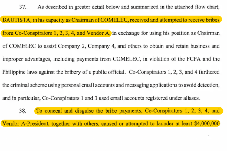 Smartmatic paid bribes to COMELEC's Bautista. 