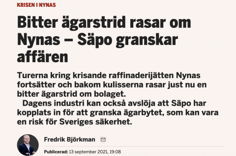 Sweden's Secret Service probes Nynas' 'reorganisation' process.