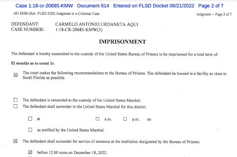 Department of Justice's sentence of Carmelo Urdaneta Aqui