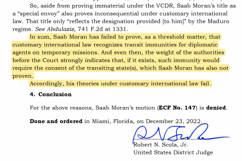 Alex Saab "diplomatic status" test fails again in Florida.