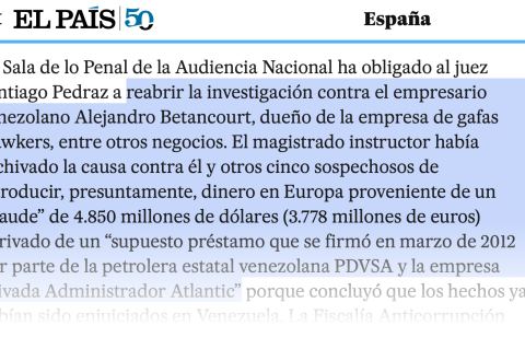 La Audiencia Nacional obliga al juez Pedraz a reabrir la causa contra el venezolano Alejandro Betancourt dueño de las gafas Hawkers
